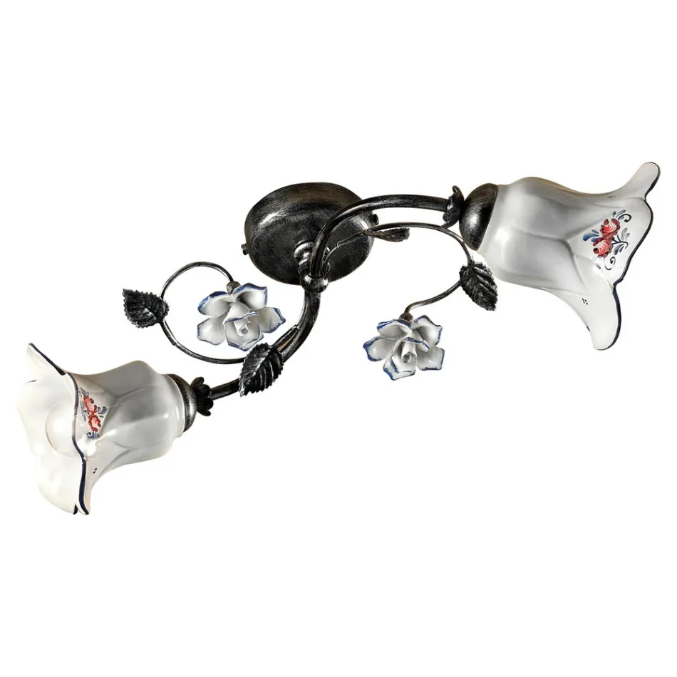 Lâmpada de Teto 2 Luzes em Metal e Cerâmica com Rosas Pintadas à Mão - Pisa Viadurini