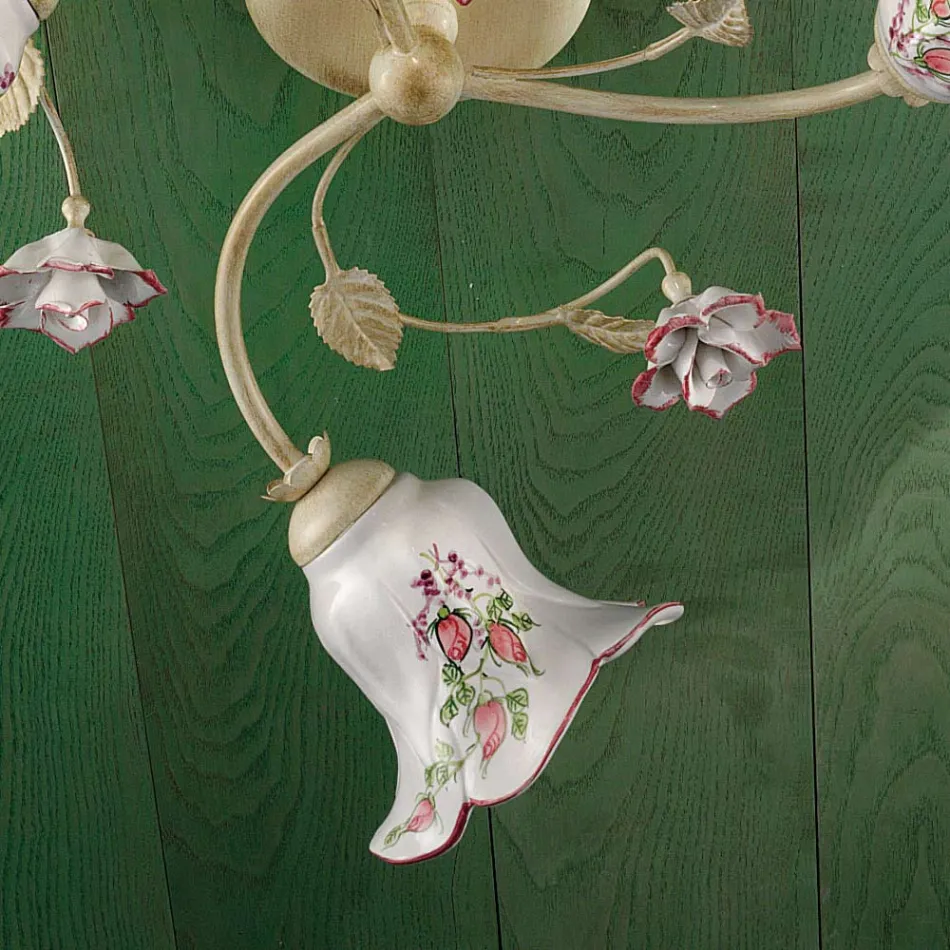 Candeeiro de Teto 3 Luzes Metal e Cerâmica Pintado à Mão Fio Vermelho - Pisa Viadurini