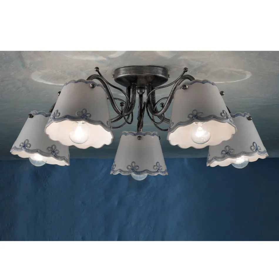 Luminária de Teto com 3 ou 5 Luzes em Cerâmica Efeito Bordado Pintada à Mão - Ravenna Viadurini