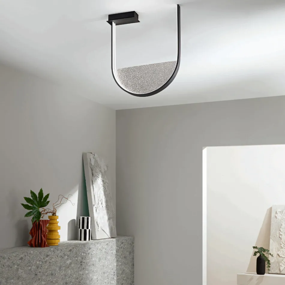 Luminária de Teto em Metal Pintado e Encaixe Removível em Vidro Granulado - Catalpa Viadurini