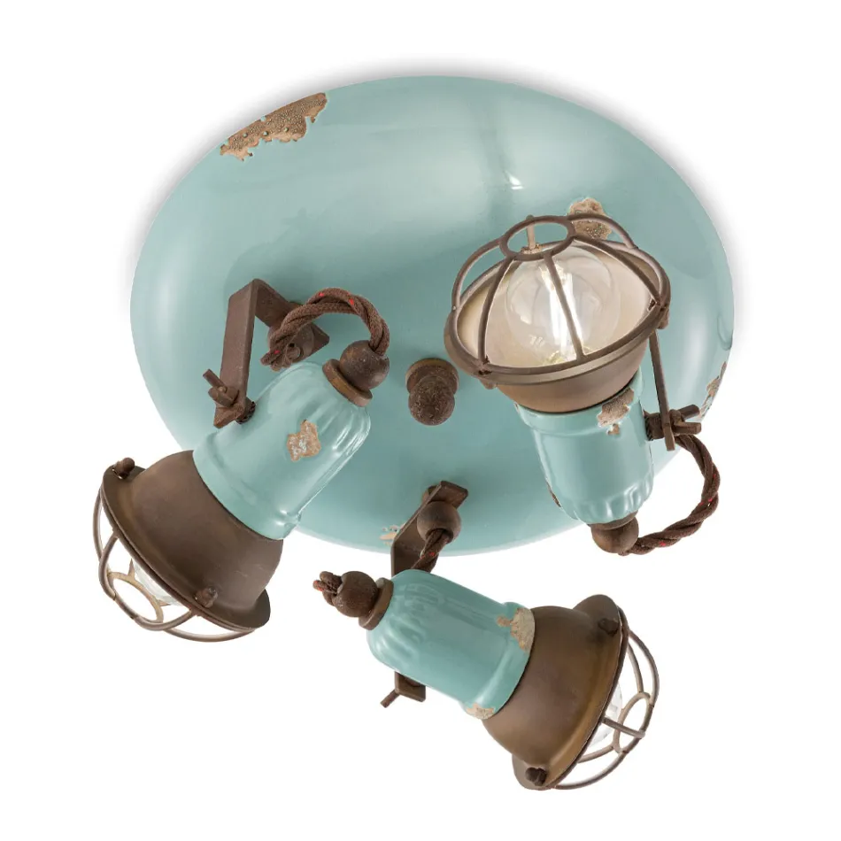 Lâmpada de teto industrial 3 focos em ferro e cerâmica artesanal - loft Viadurini