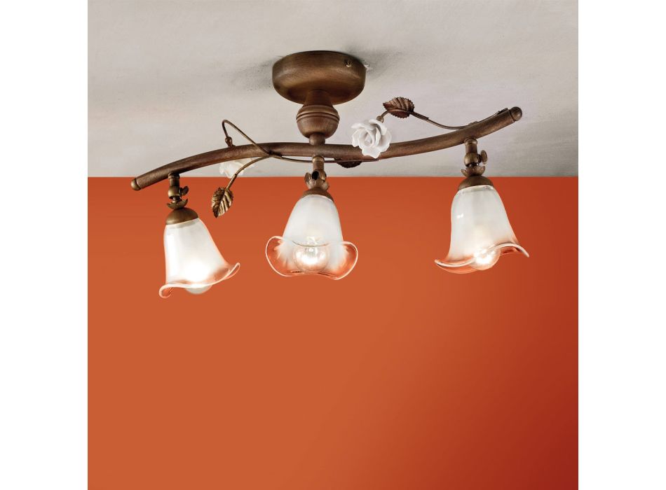 Lâmpada de teto linear com 3 luzes em ferro, vidro e rosas cerâmicas - Siena Viadurini
