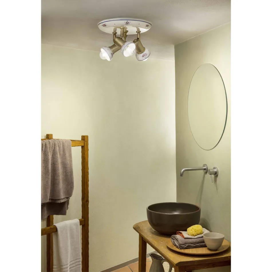 Candeeiro de tecto redondo 3 focos em latão e cerâmica pintada à mão - Savona Viadurini