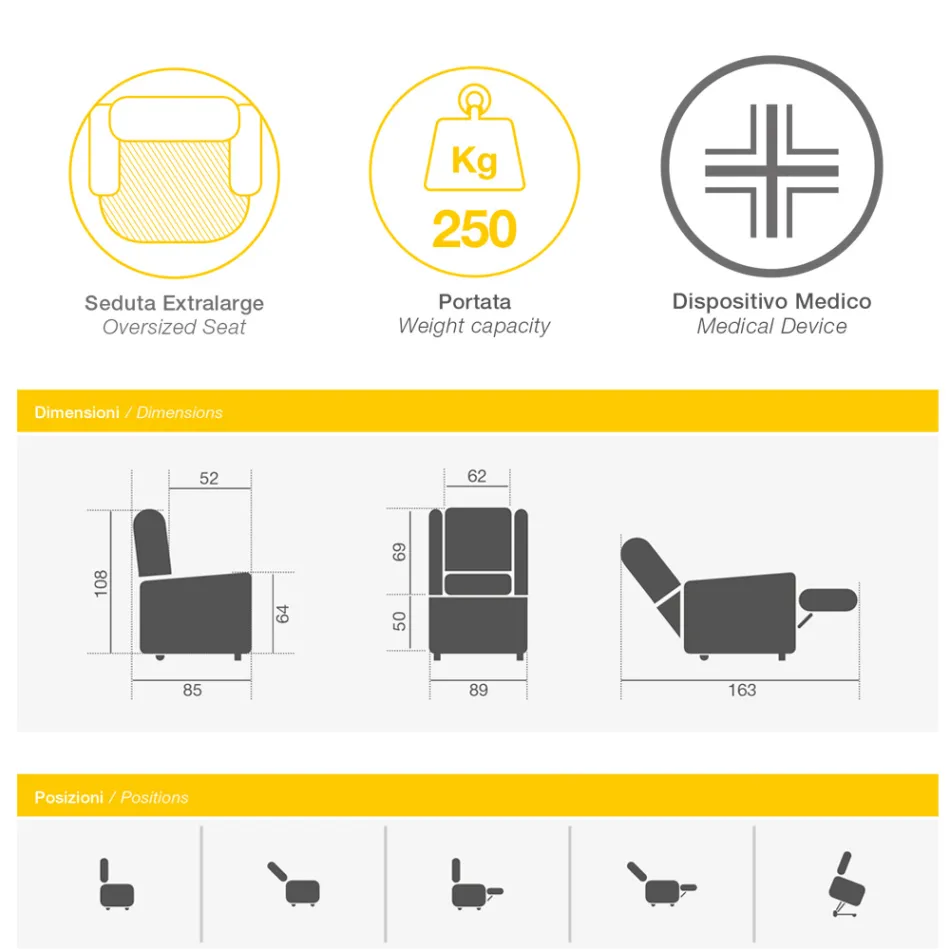 Poltrona Elevatória com Assento Extra Grande em Tecido Made in Italy - Margaret Viadurini
