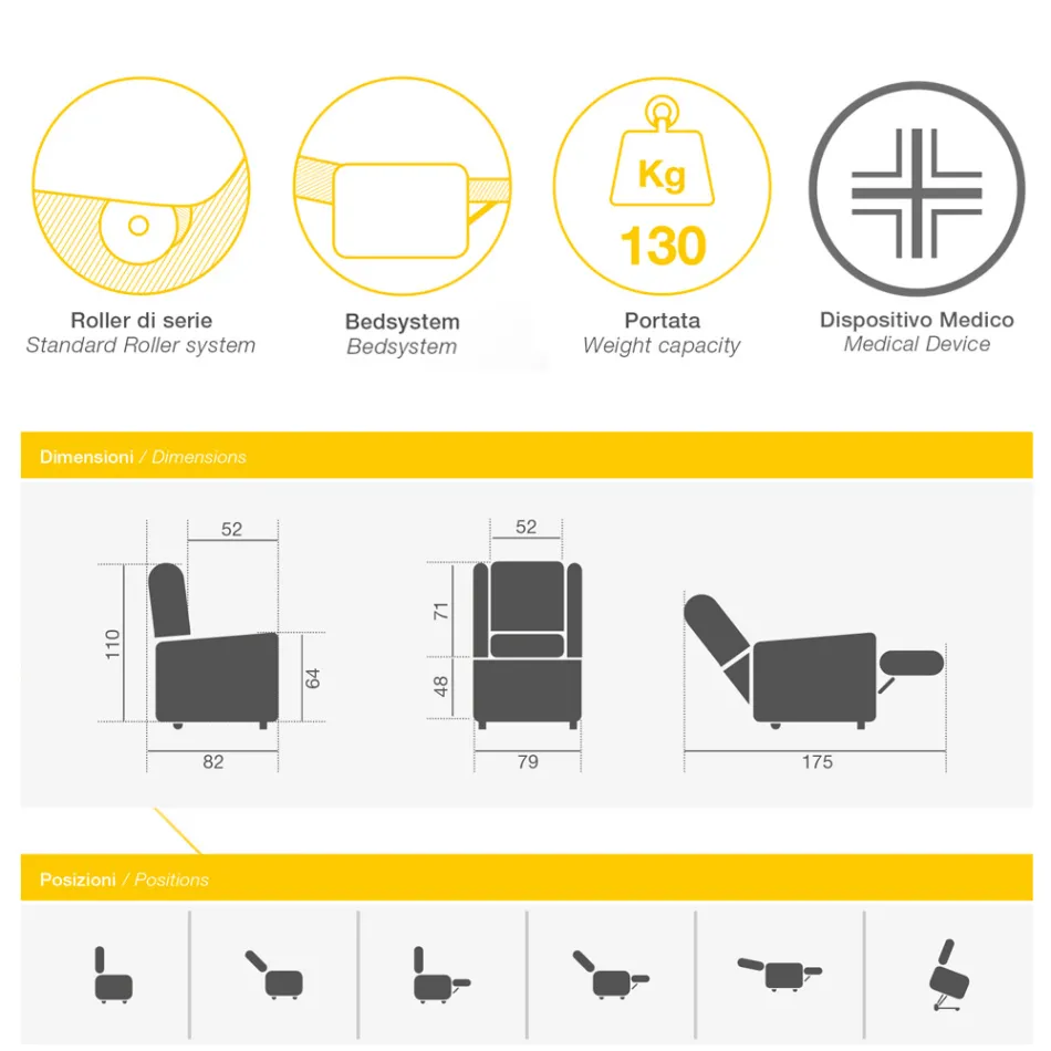 Poltrona elevatória em tecido com funções de elevação, relaxamento e cama - Romina Viadurini