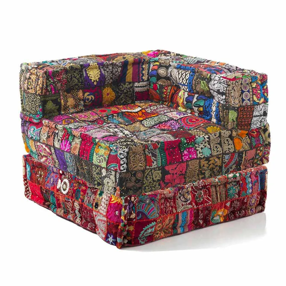Poltrona Chaise Longue de Design Étnico em Retalhos de Algodão, para Sala de Estar - Fibra Viadurini