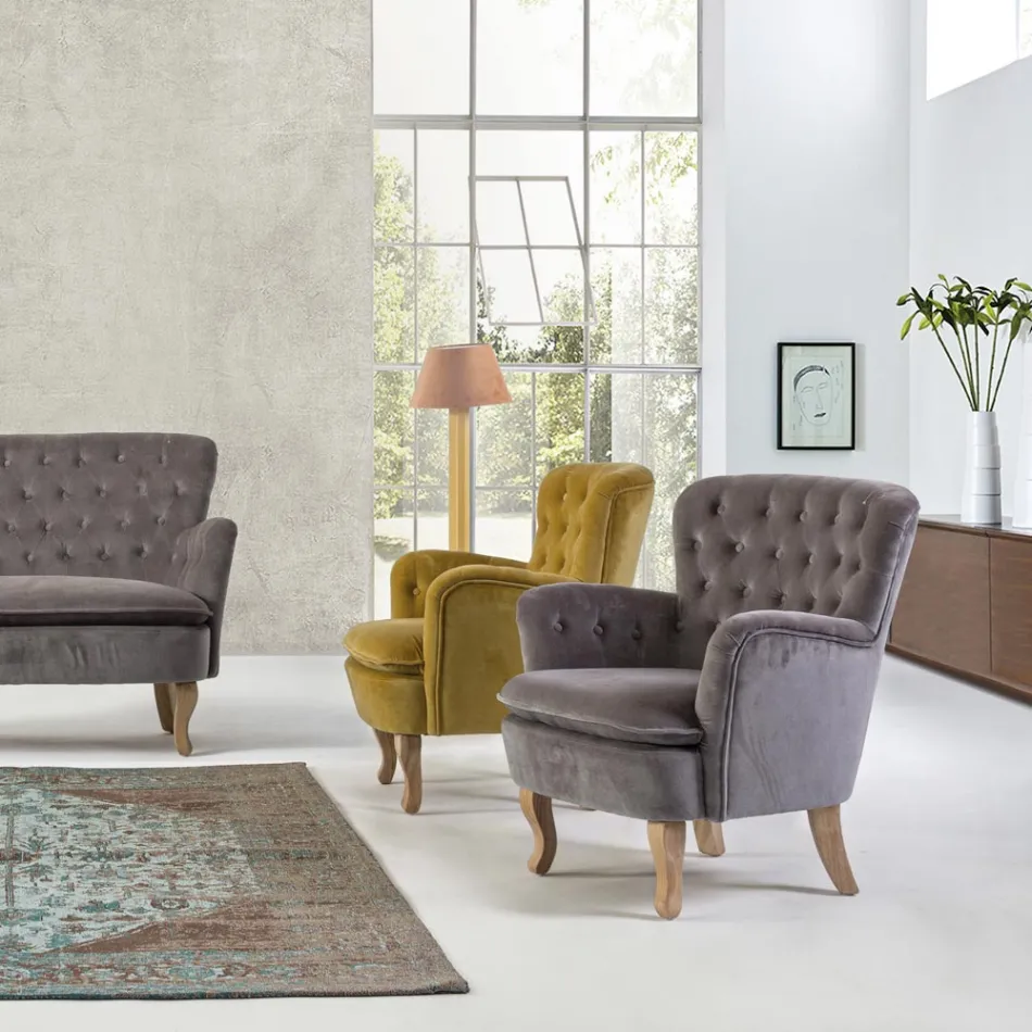 Poltrona Clássica em Madeira e Assento Acolchoado em Algodão Acolchoado - Monny Viadurini