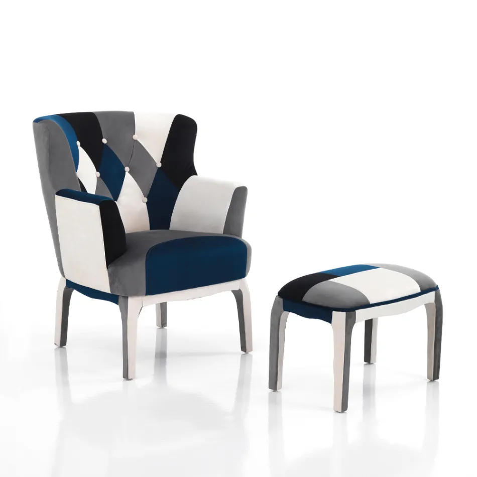 Poltrona com Pufe em Tecido Patchwork - Bromo Viadurini