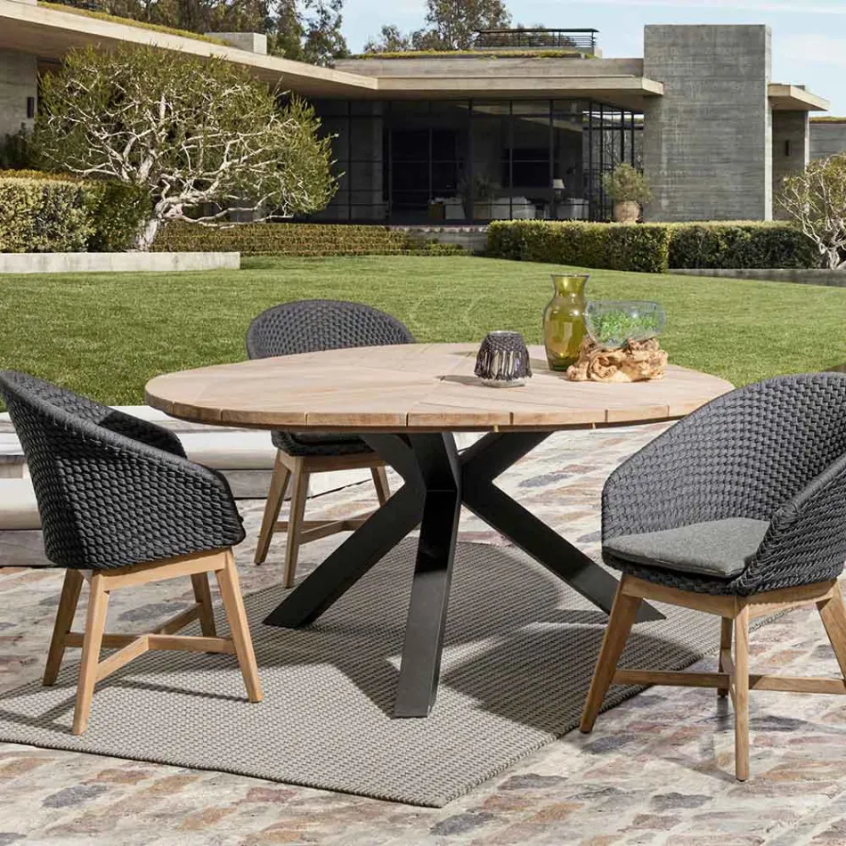 Poltrona Exterior em Madeira e Corda com Almofada, Homemotion, 2 Peças - Oskana Viadurini