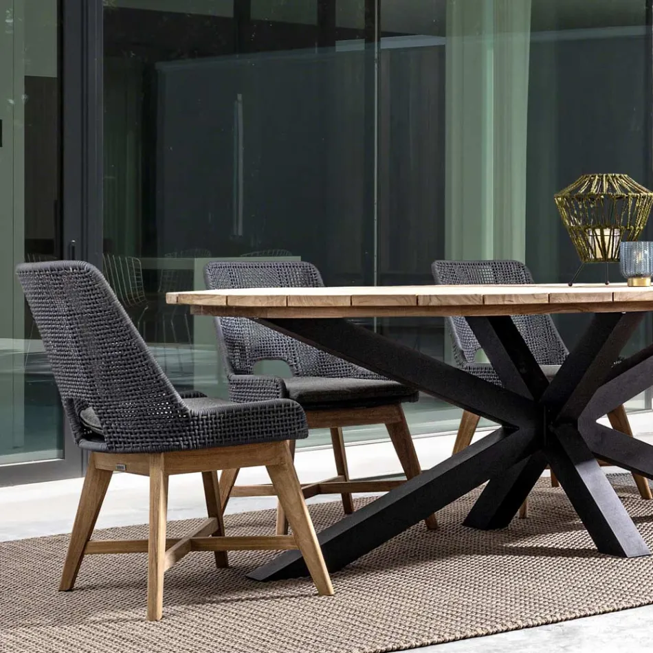 Poltrona Exterior em Madeira e Corda com Almofada, Homemotion, 2 Peças - Oskana Viadurini