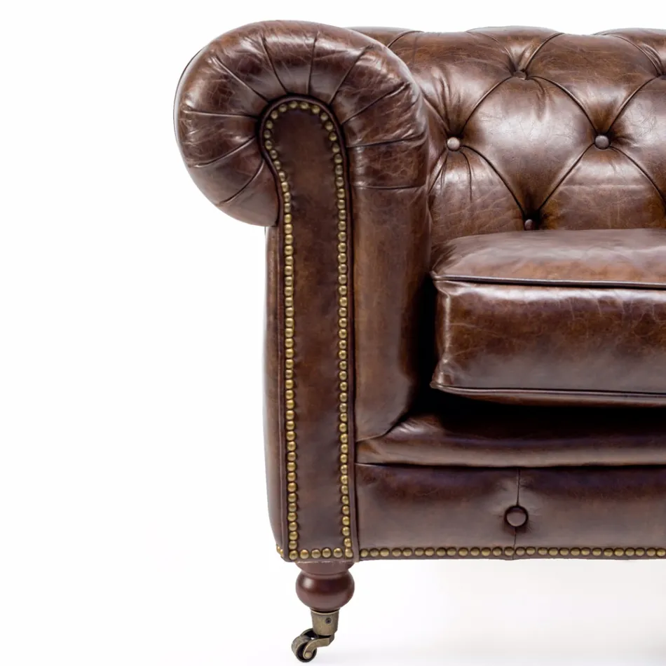 Poltrona Sala de Estar em Couro Vintage com Efeito Envelhecido com Rodas e Braços - Selo Viadurini