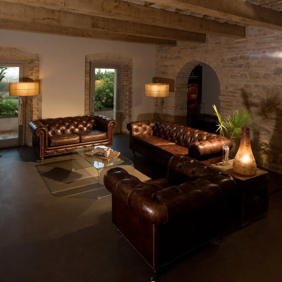 Poltrona Sala de Estar em Couro Vintage com Efeito Envelhecido com Rodas e Braços - Selo Viadurini