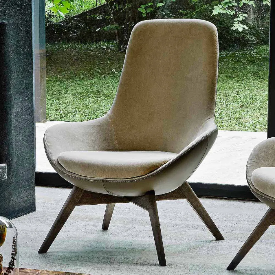 Poltrona Sala em Couro e Tecido com Base em Madeira Made in Italy - Ama Viadurini