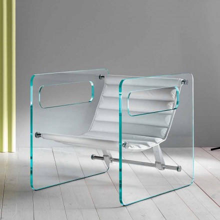 Poltrona da Sala em Vidro e Assento em Couro Branco Design Moderno - Tecna Viadurini