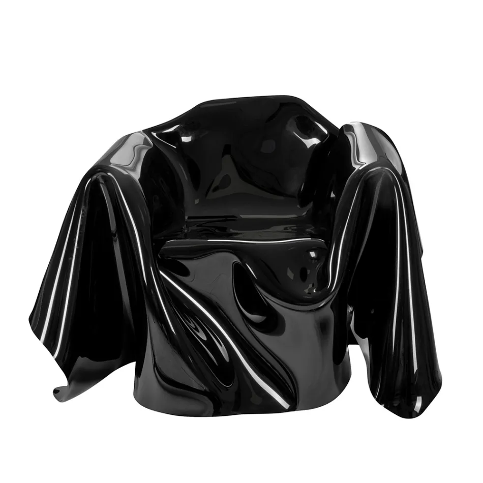 Delia - Poltrona moderna com tampo drapeado em acrílico preto, fabricada na Itália. Viadurini