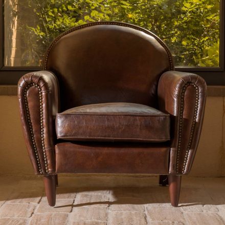 Poltrona para Interior em Couro Vintage com Efeito Envelhecido Castanho Escuro - Carimbo Viadurini