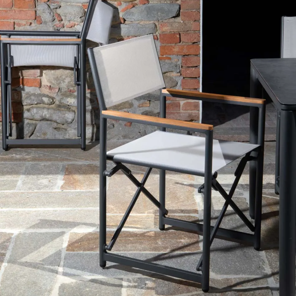 Cadeira de Diretor em Alumínio, Textilene e Apoio de Braços em Teca - Tenda Viadurini