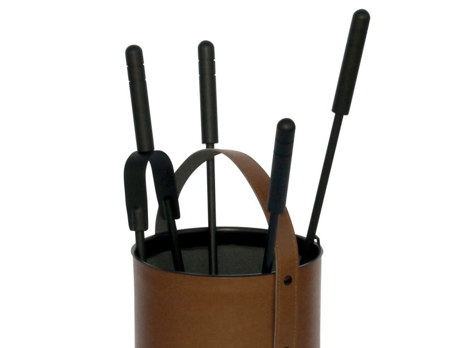 Porta-ferramentas redondo em couro sintético com alça e 4 acessórios fabricados na Itália - Pombo Viadurini
