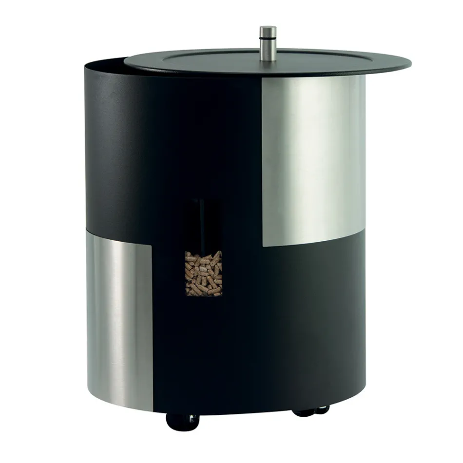 Porta Pellets com Rodas e Tampa em Metal Fabricado na Itália - Stork Viadurini