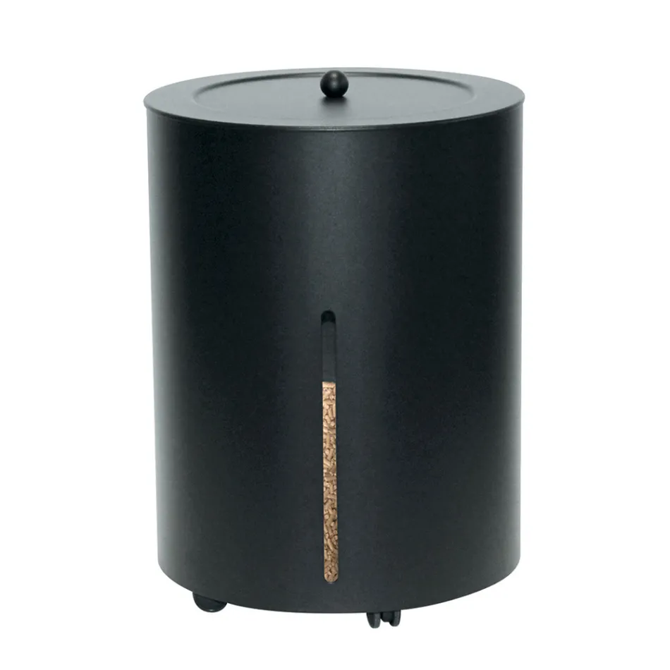 Porta Pellets com Rodas e Tampa em Metal Fabricado na Itália - Stork Viadurini