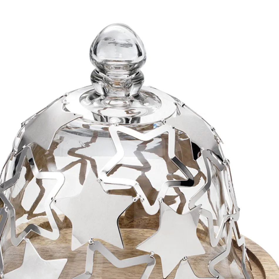 Suporte para Bolo Sino em Madeira e Vidro com Estrelas de Metal Prateado - Ilenia Viadurini