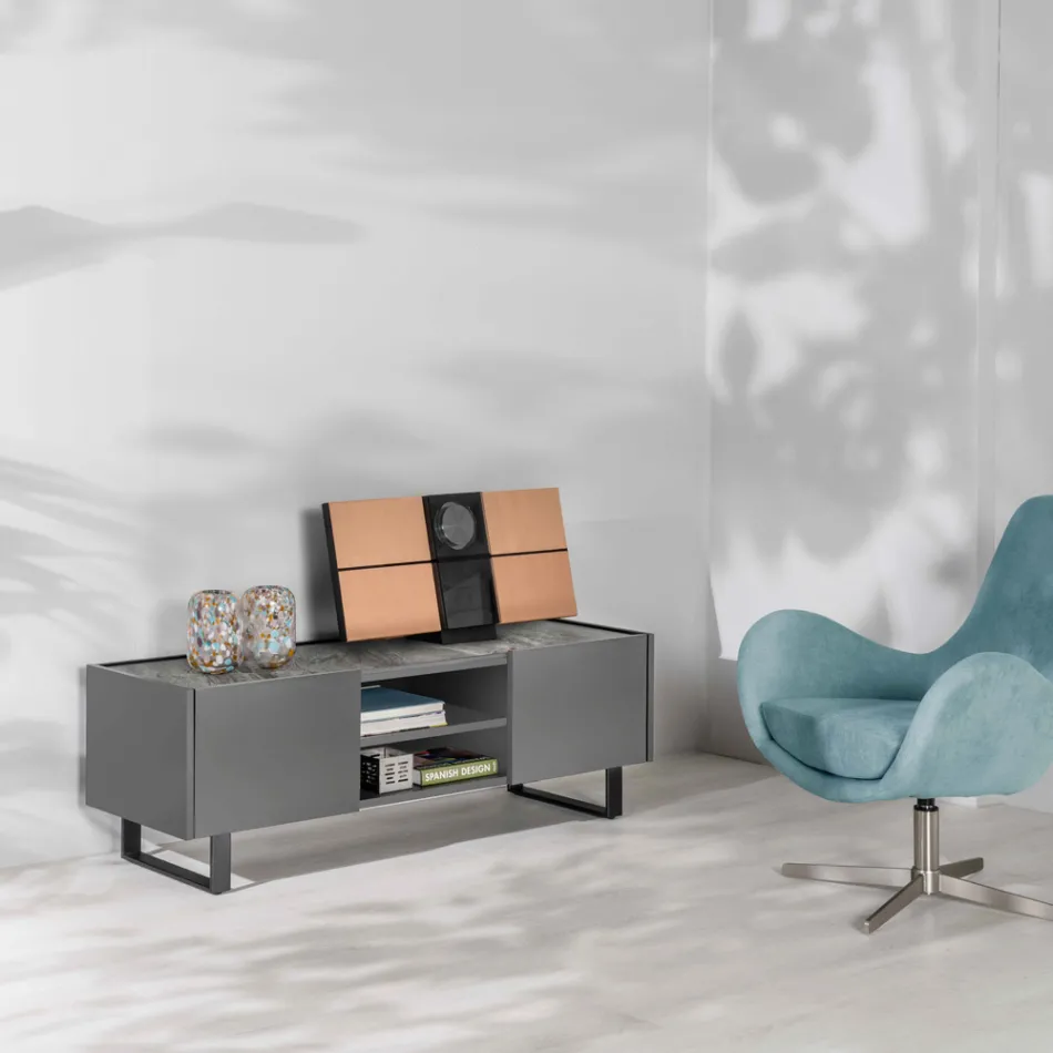 Móvel de TV com Tampo Cerâmico Efeito Mármore com 2 Portas e 2 Compartimentos Abertos - Clak Viadurini