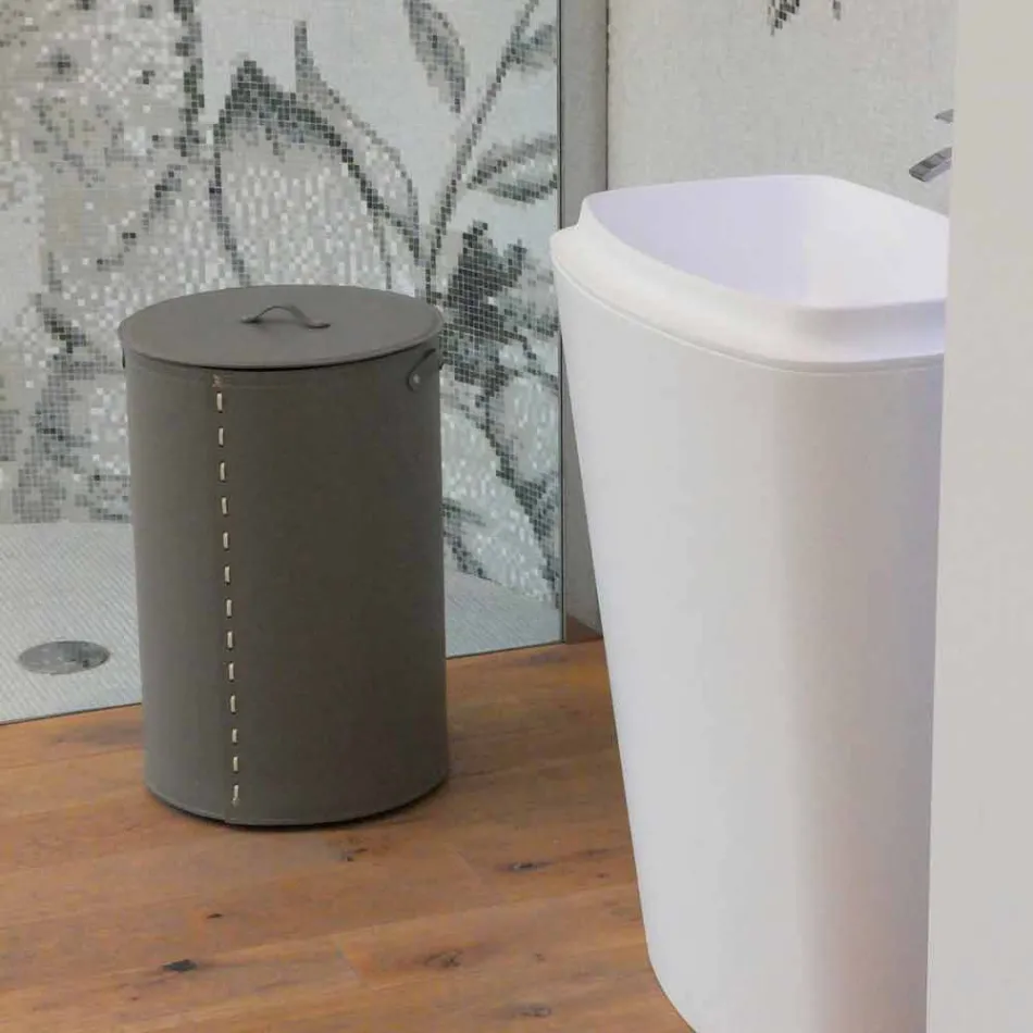 Cesto de roupa cilíndrico em couro artesanal regenerado Roby Viadurini