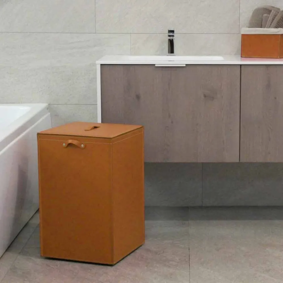 Cesto de roupa de couro com base quadrada David, fabricado na Itália Viadurini
