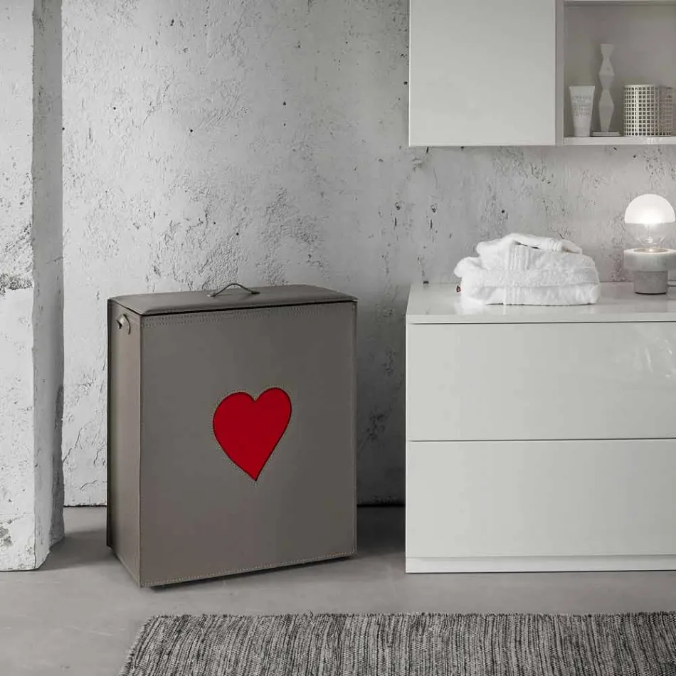 Cesto de roupa de couro contemporâneo feito em Itália Adele, inserção de coração Viadurini