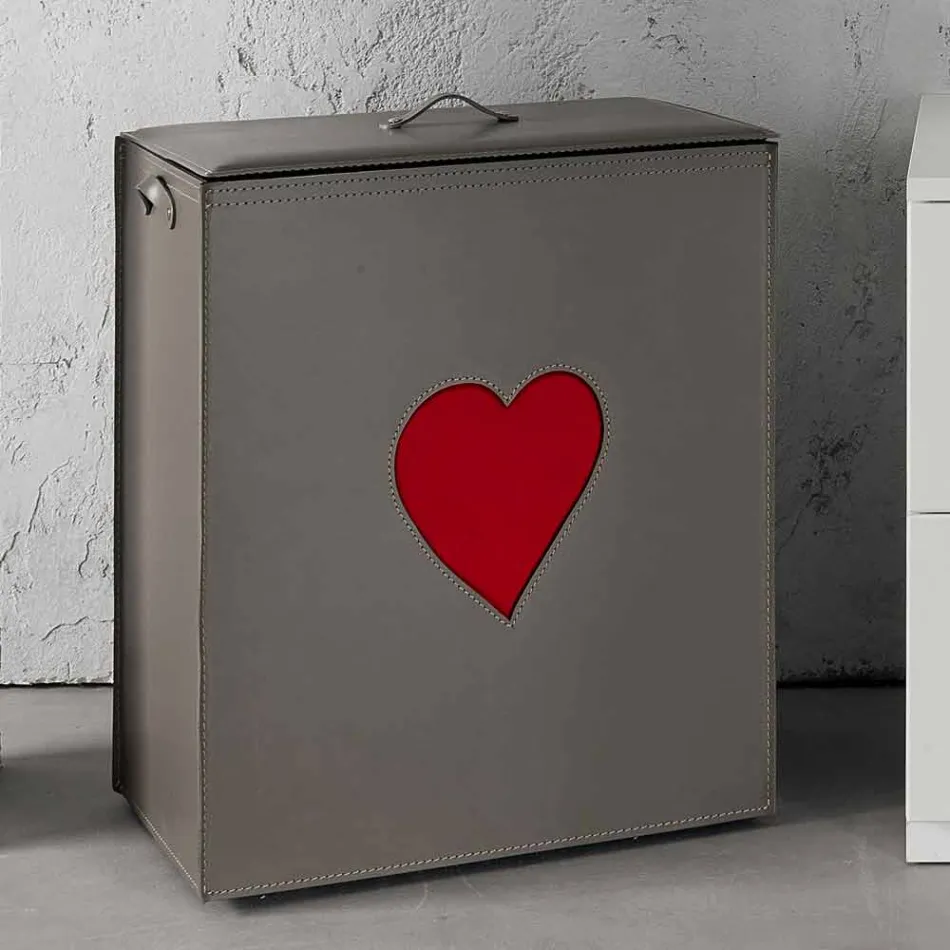 Cesto de roupa de couro contemporâneo feito em Itália Adele, inserção de coração Viadurini