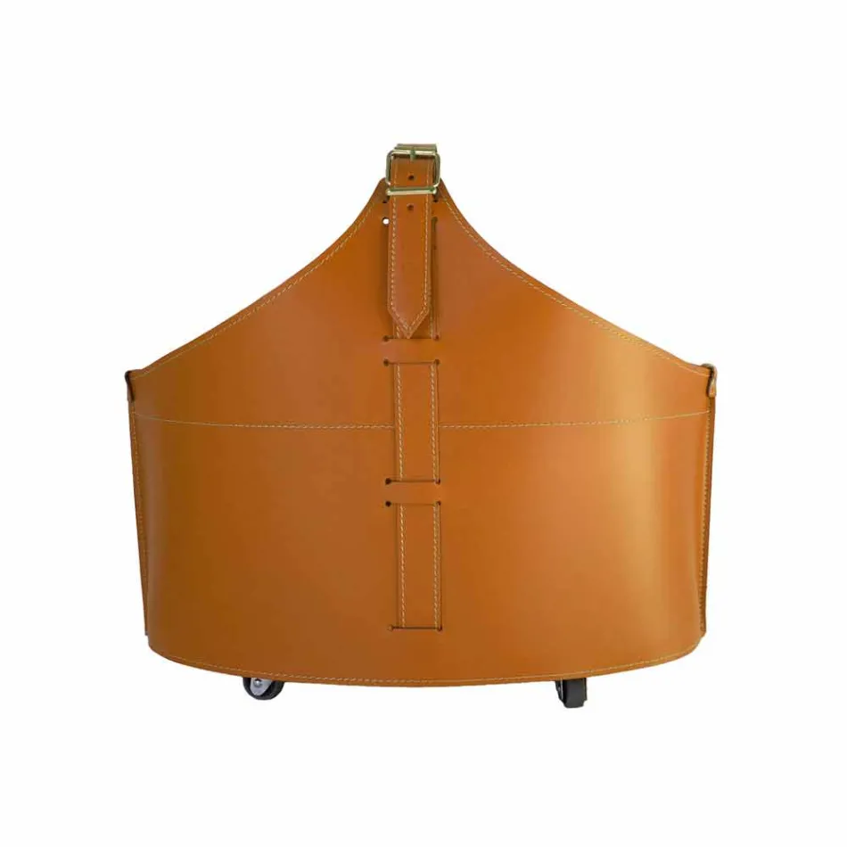 Suporte de lenha para interior com rodas em couro regenerado moderno Fabia Viadurini