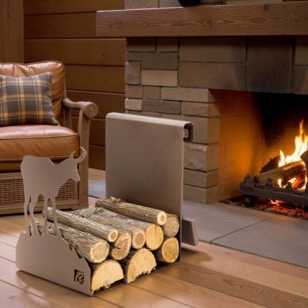 Suporte de Lenha para Interior em Aço Marrom Fabricado na Itália com Ferramentas - Volturno Viadurini