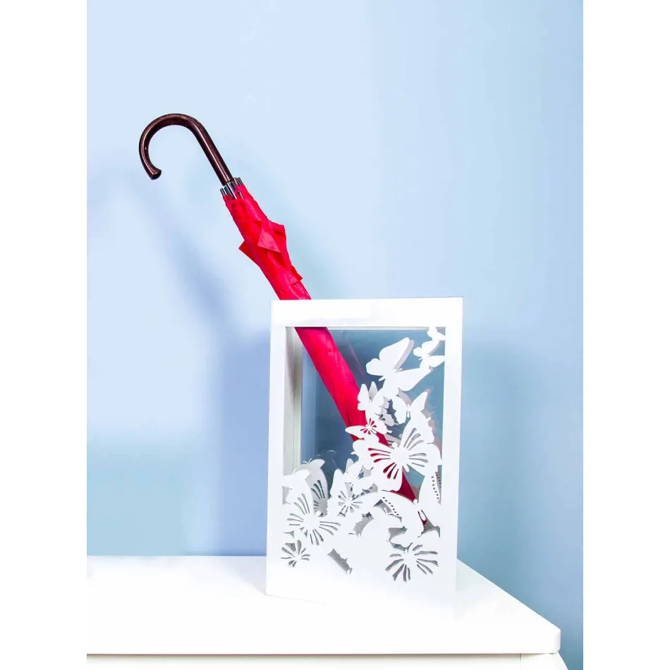 Porta guarda-chuva de madeira branca com design moderno, decorado com borboletas - Papilio Viadurini