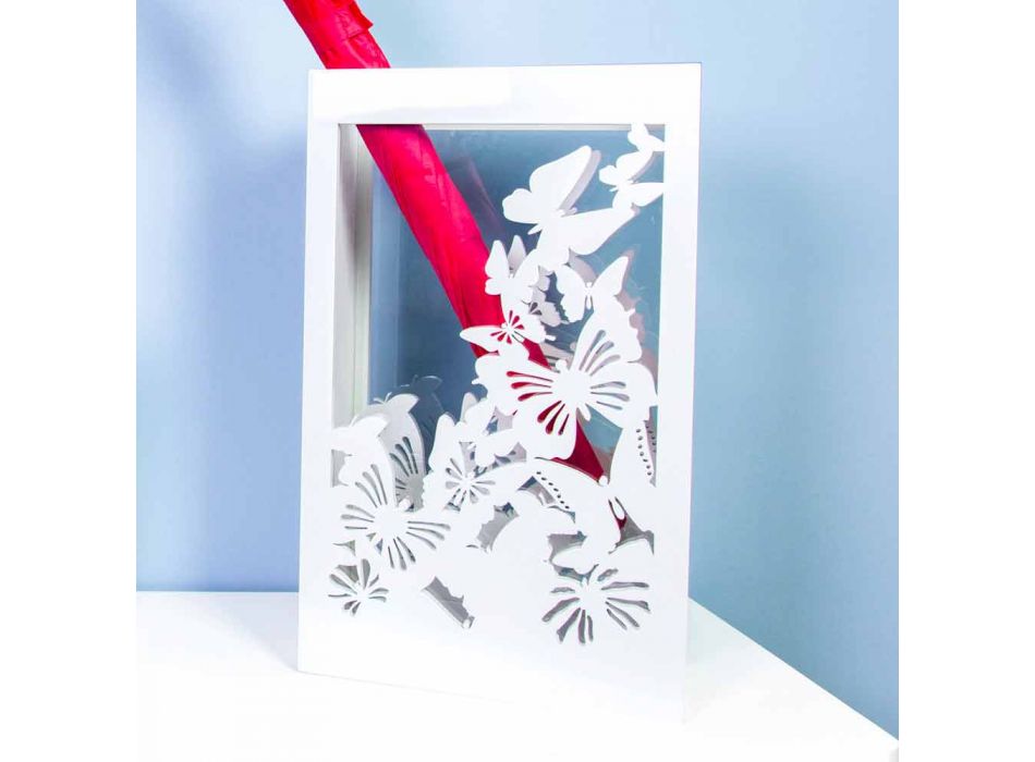 Porta guarda-chuva de madeira branca com design moderno, decorado com borboletas - Papilio Viadurini