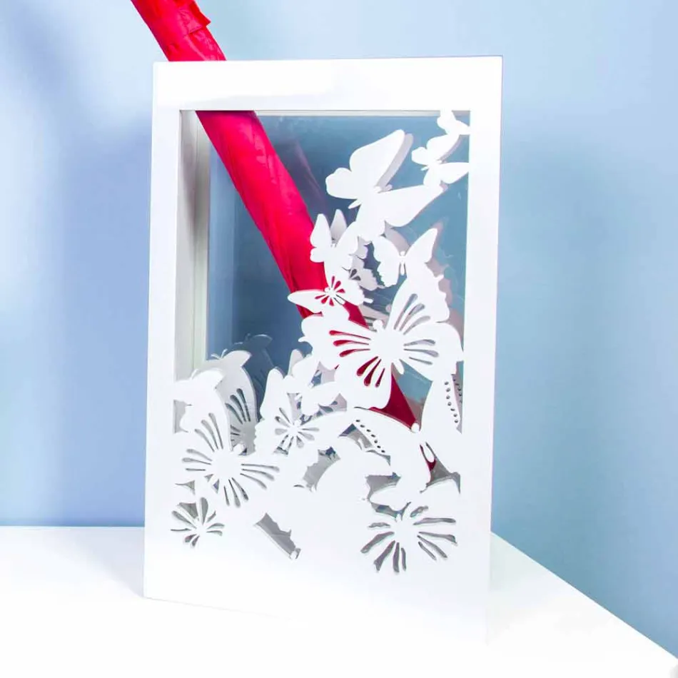 Porta guarda-chuva de madeira branca com design moderno, decorado com borboletas - Papilio Viadurini