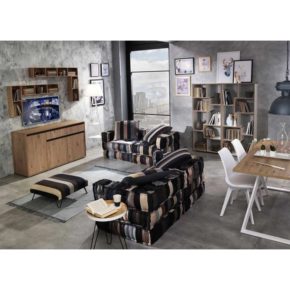 Pufe quadrado étnico em tecido de retalhos ou veludo - fibra Viadurini