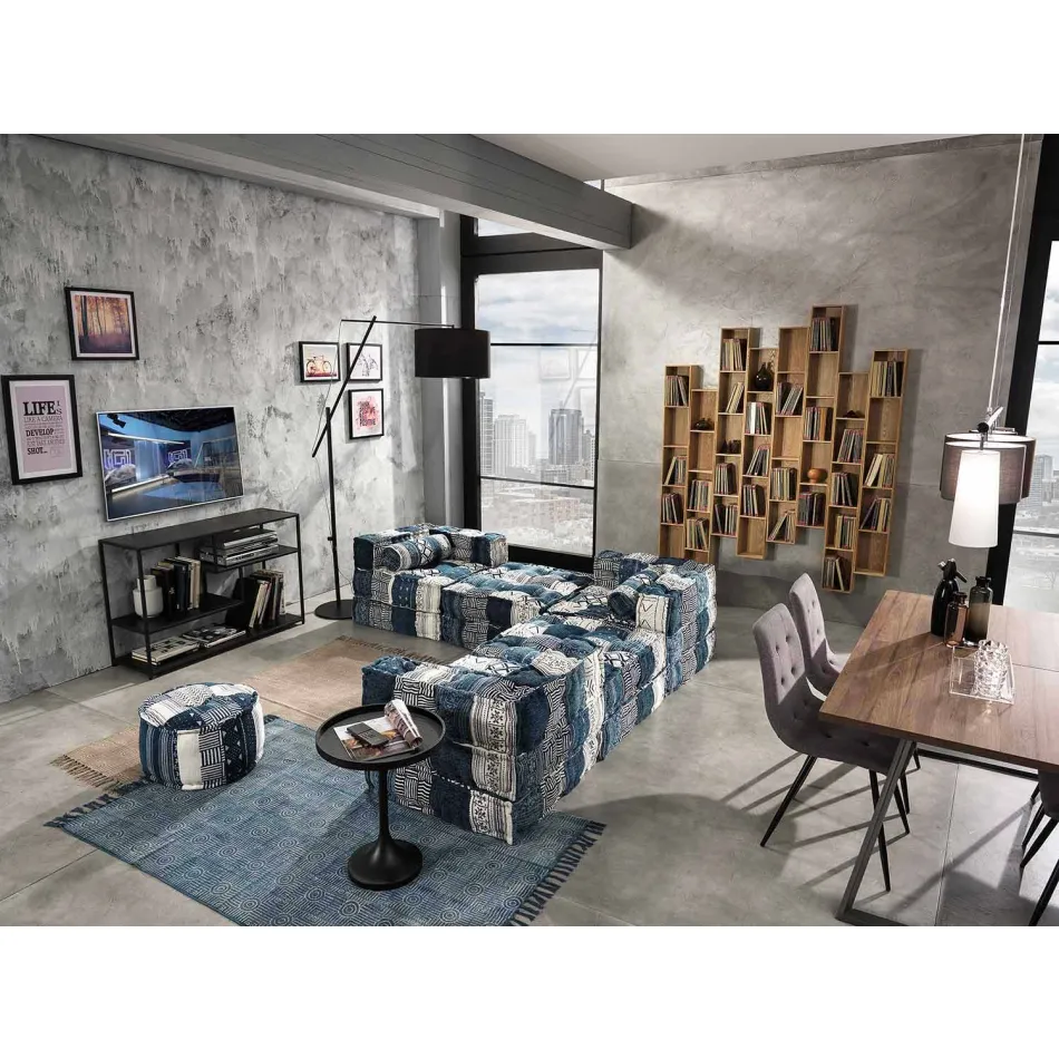 Pufe quadrado étnico em tecido de retalhos ou veludo - fibra Viadurini