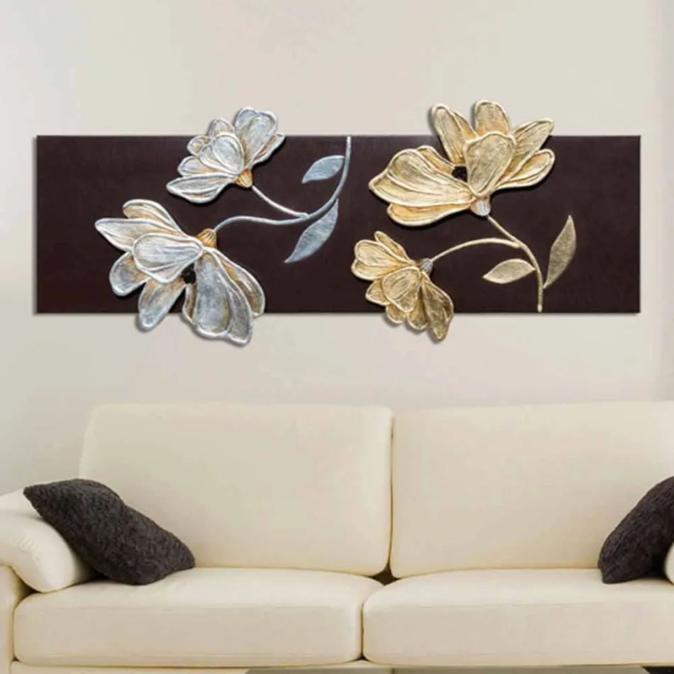 Quadro com flores decoradas à mão com folha de ouro e prata Herman Viadurini