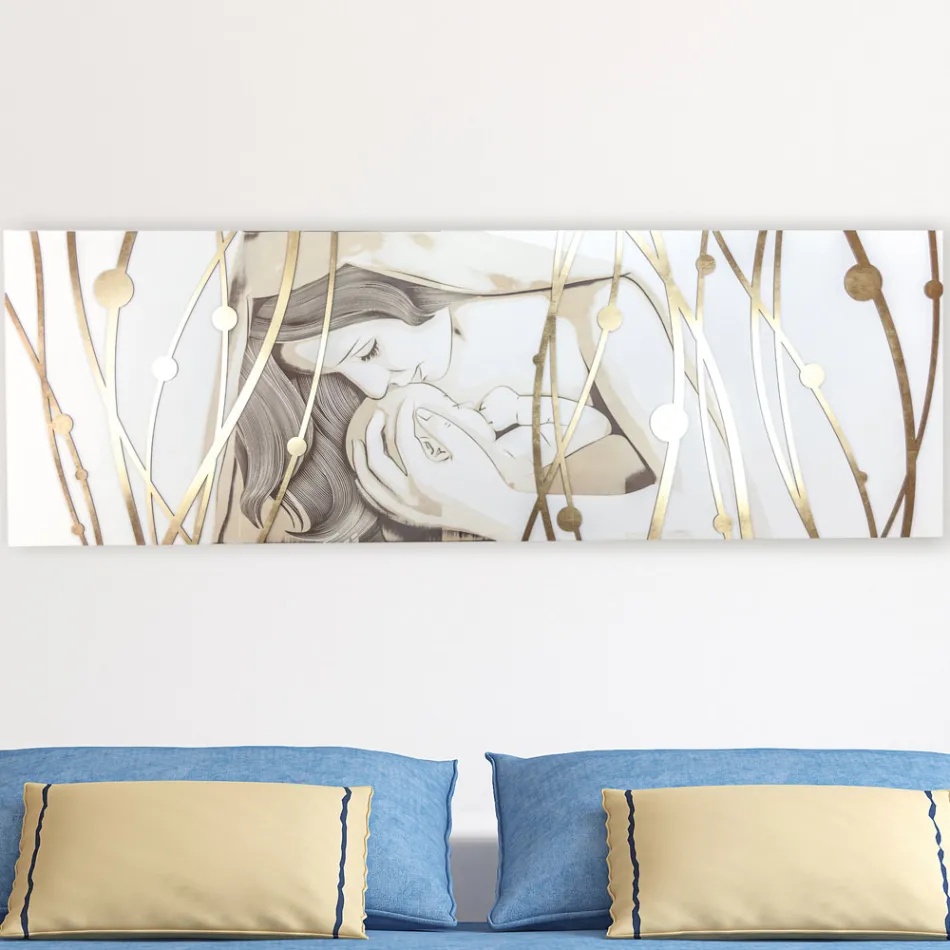 Pintura Retangular Feita a Laser com Deusa e Criança Feita na Itália - Nagi Viadurini