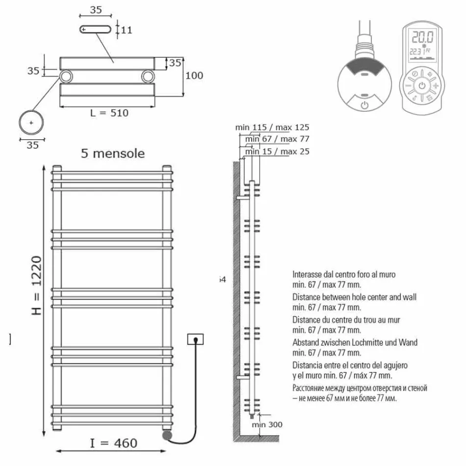 Radiador elétrico moderno com design de parede vertical de até 700 watts - prateleira Viadurini