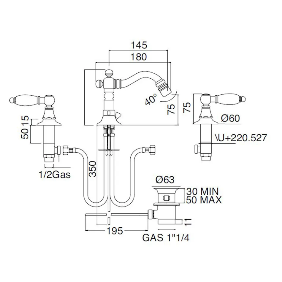 Torneira para bidê clássica com 3 furos e alavancas de latão fabricada na Itália - Noriana Viadurini