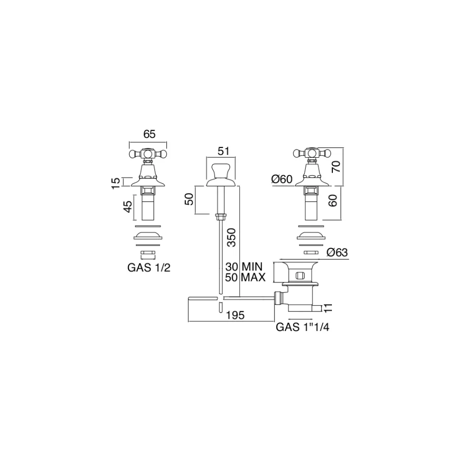 Torneira para bidê com 3 furos em latão fabricada na Itália, estilo vintage - Ursula Viadurini