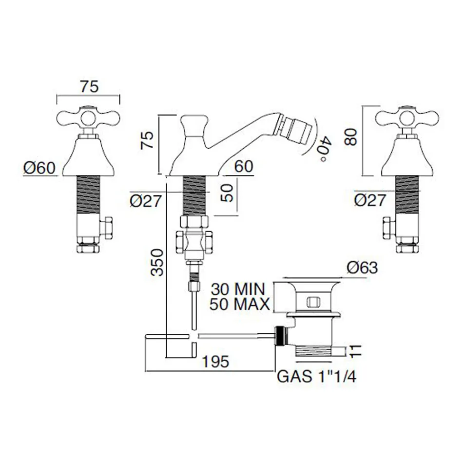 Torneira para bidê clássica com 3 furos e resíduos de latão fabricada na Itália - Ercolina Viadurini