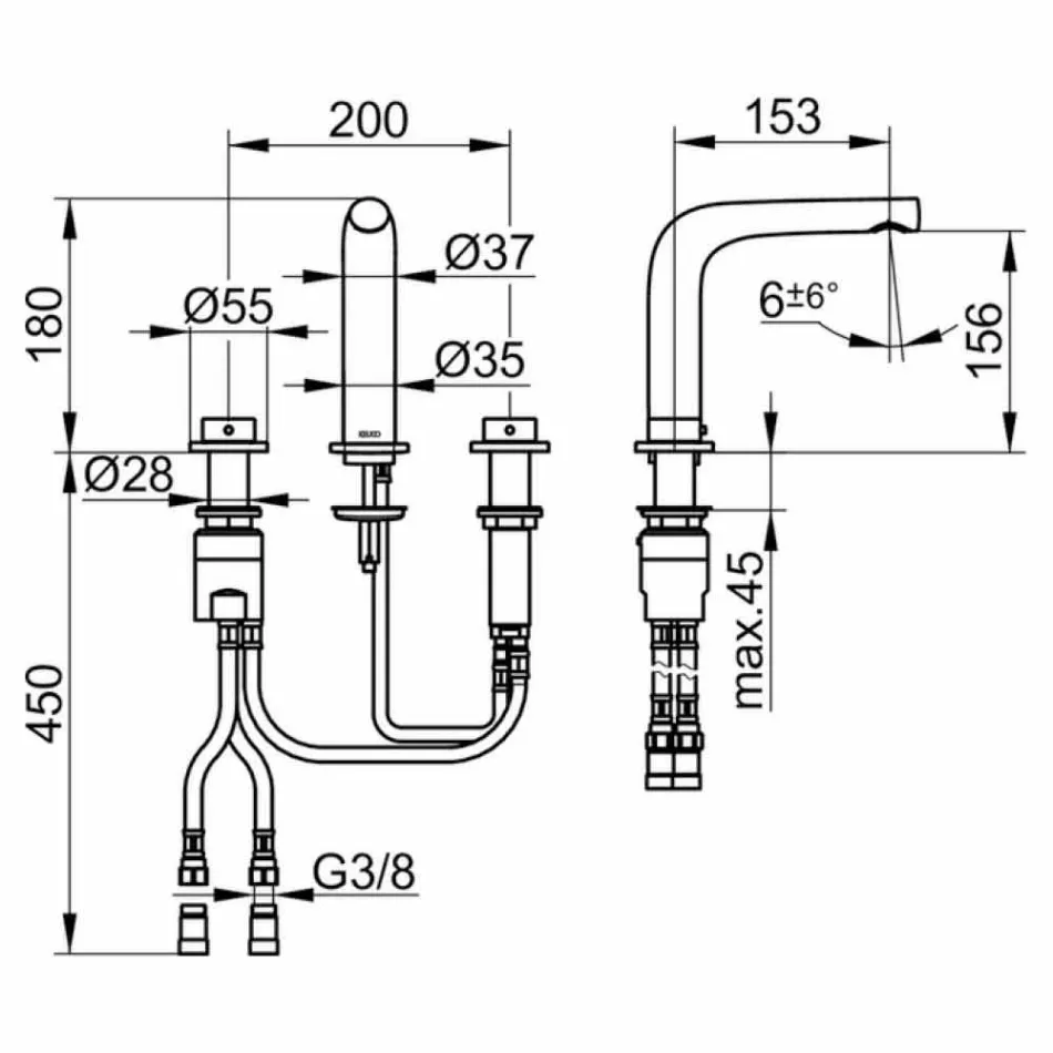 Misturador de design moderno para lavatório com 3 furos de metal com 15 cm de altura - Pinto Viadurini
