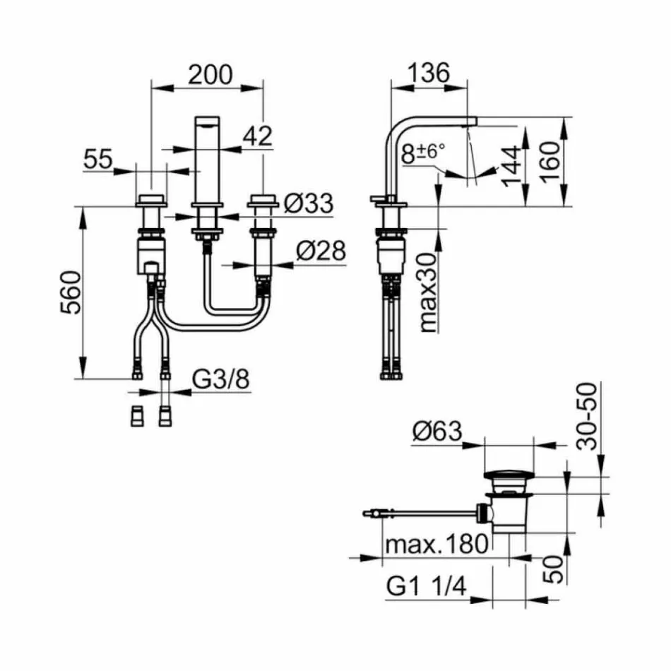 Misturador para pia de banheiro de design moderno com 3 furos de metal - Etto Viadurini