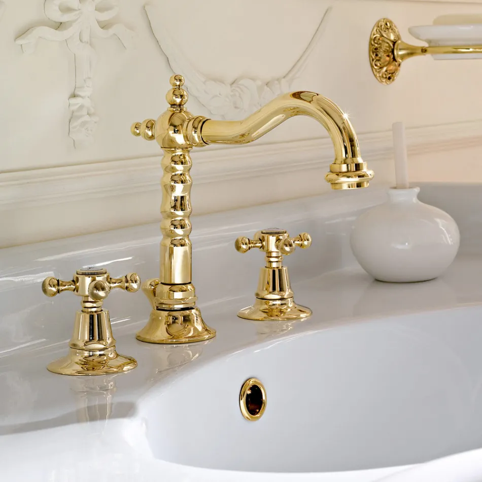 Torneira para lavatório com 3 furos de design vintage em latão fabricada na Itália - Ursula Viadurini