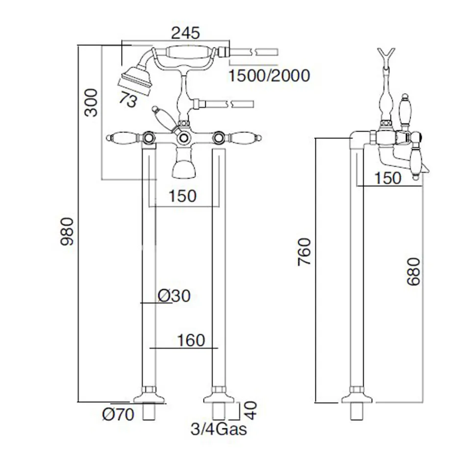 Torneira de banheira de chão com duche de mão em latão Made in Italy - Noriana Viadurini