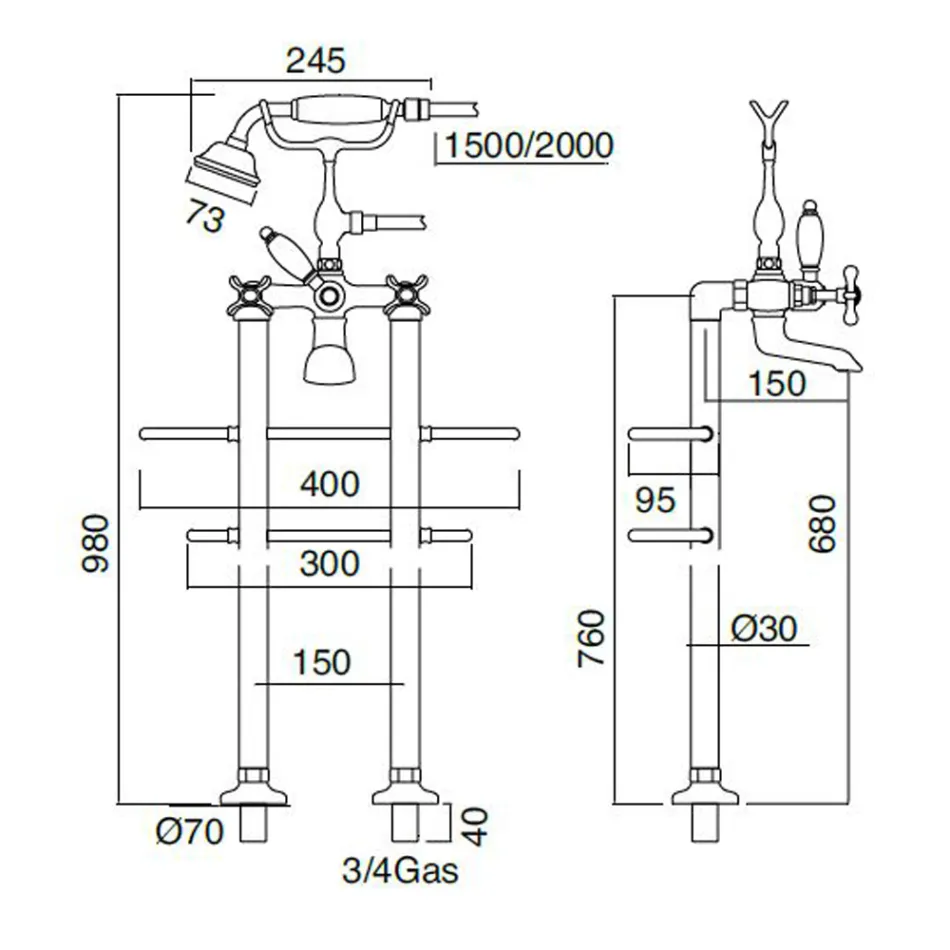 Torneira de banheira de chão com duche de mão Classic Brass - Fioretta Viadurini
