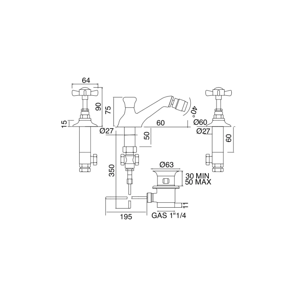 Torneira para bidê vintage com 3 furos em latão fabricada na Itália - Katerina Viadurini