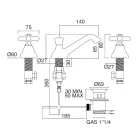 Torneira para pia de banheiro com 3 furos em latão com ralo estilo clássico - Ercolina Viadurini